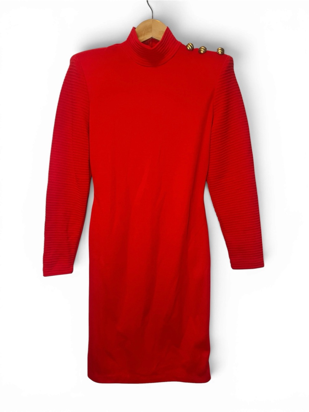 All That Jazz Red Knit Sweater Dress Long Sleeve Midi Military Button 70 80 7/8